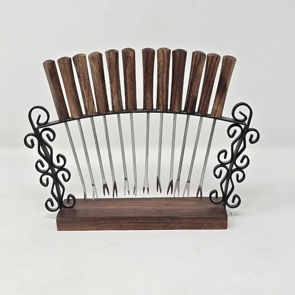 Vtg MCM 12 rosewood handle appetizer cheese cocktail forks picks w/stand Japan